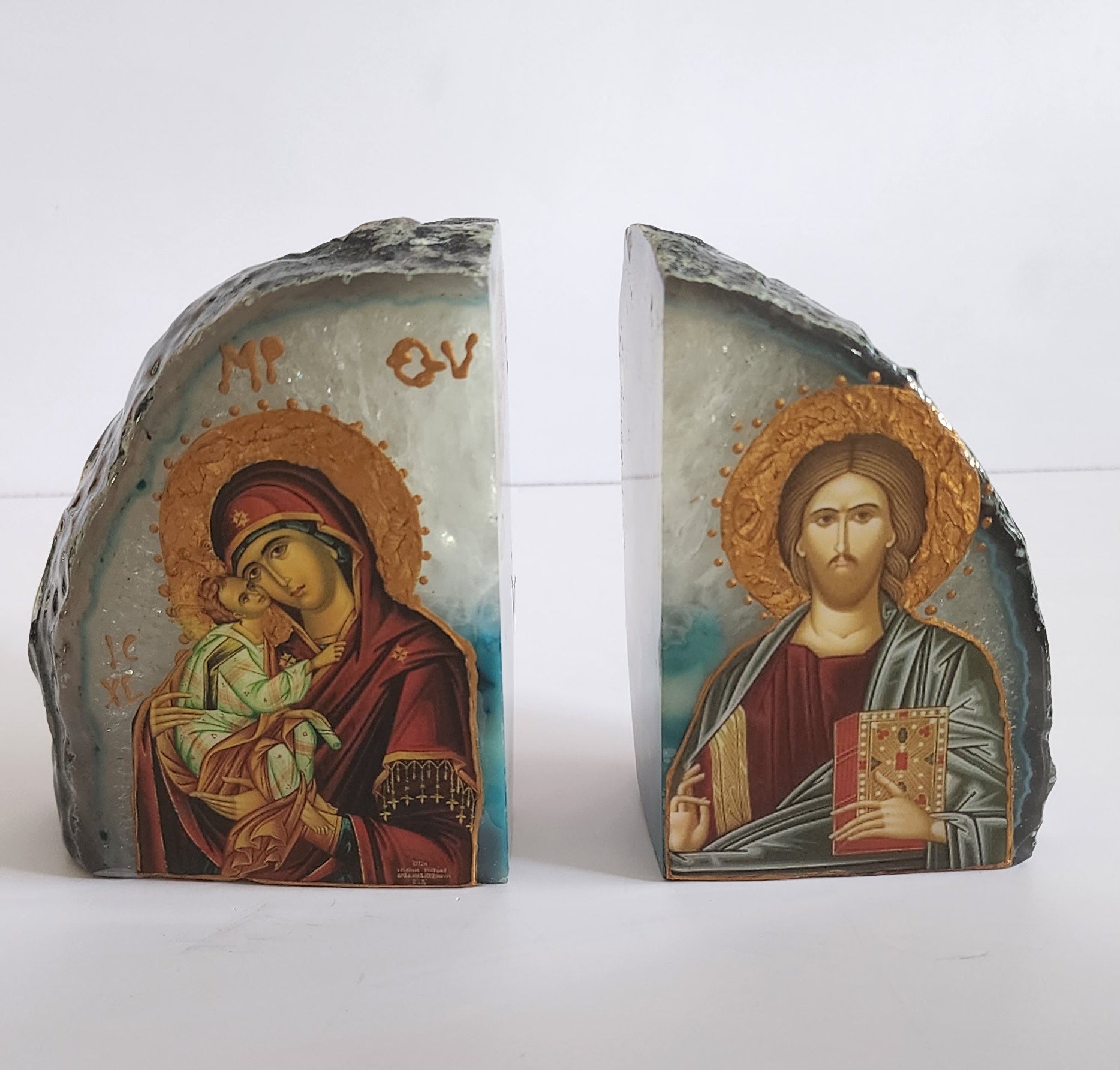 Freestanding Religious Stone Bookends - Virgin Mary and Jesus Icons