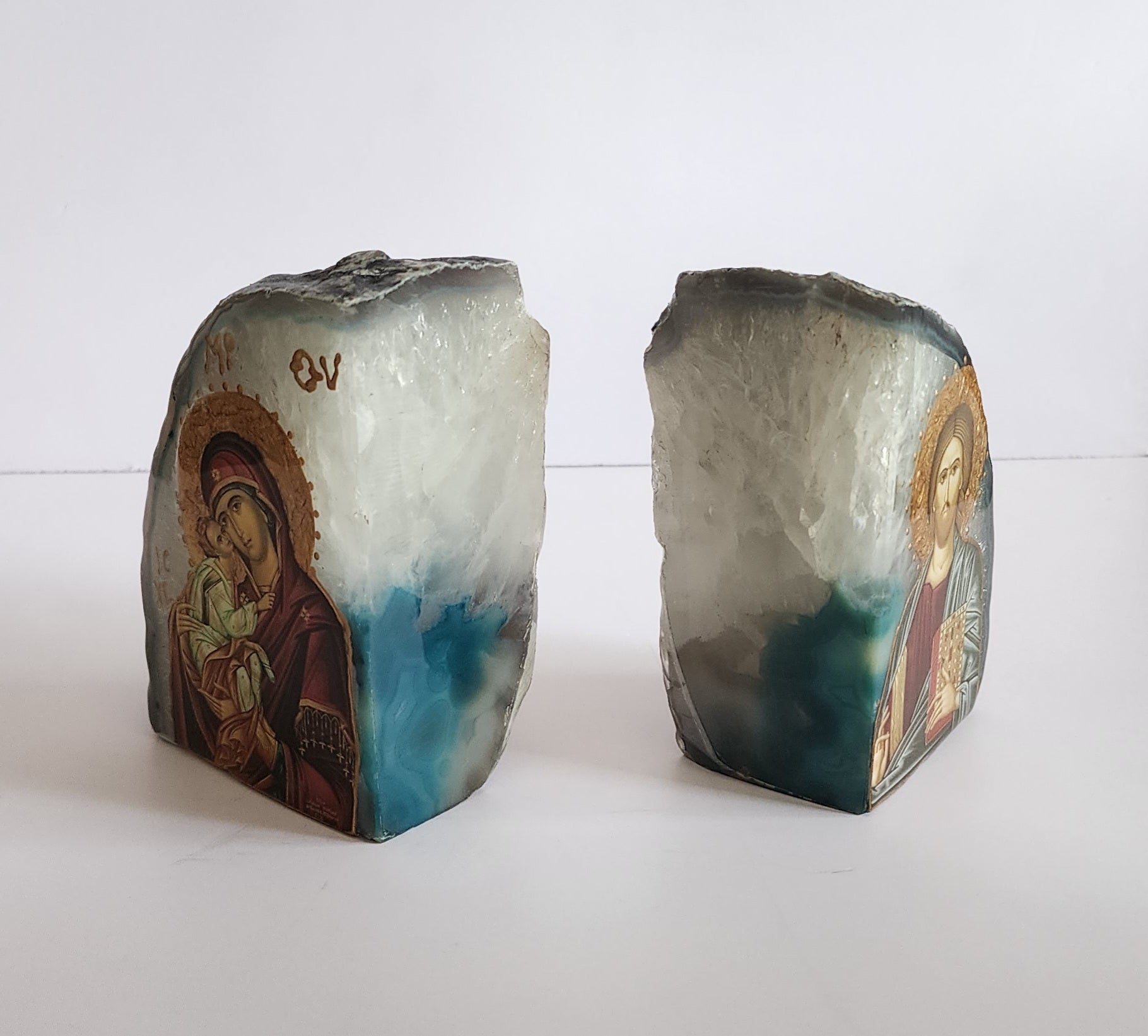Freestanding Religious Stone Bookends - Virgin Mary and Jesus Icons