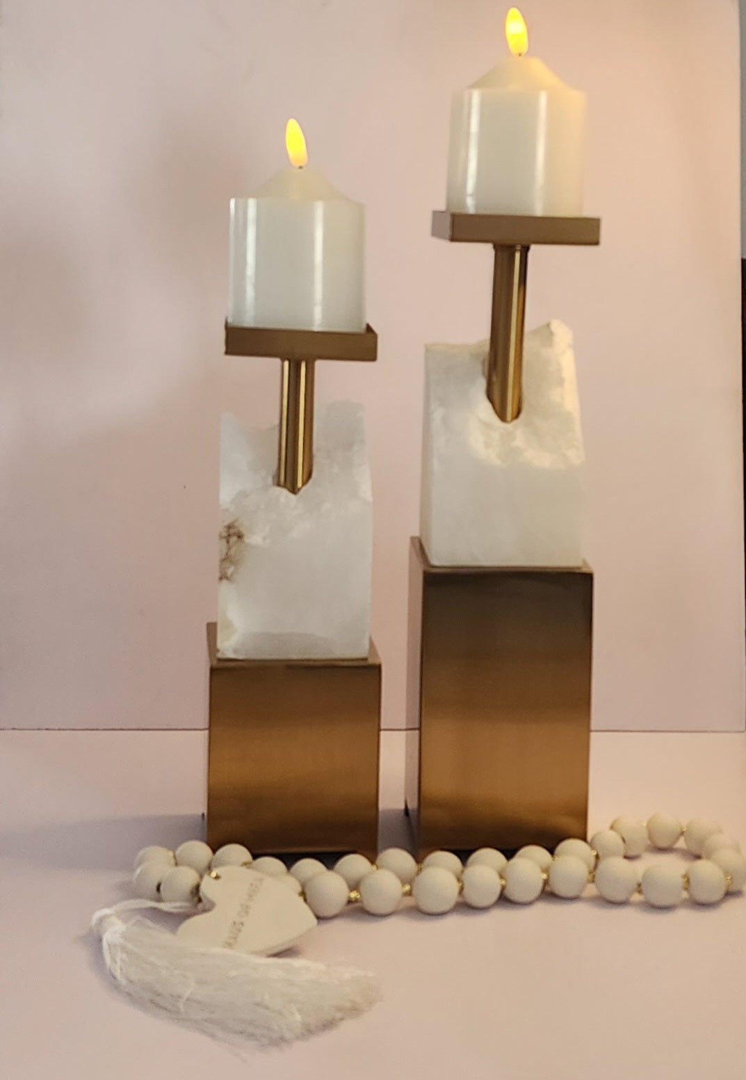Candle Holder - Marble-White/Gold-Square (36CM)