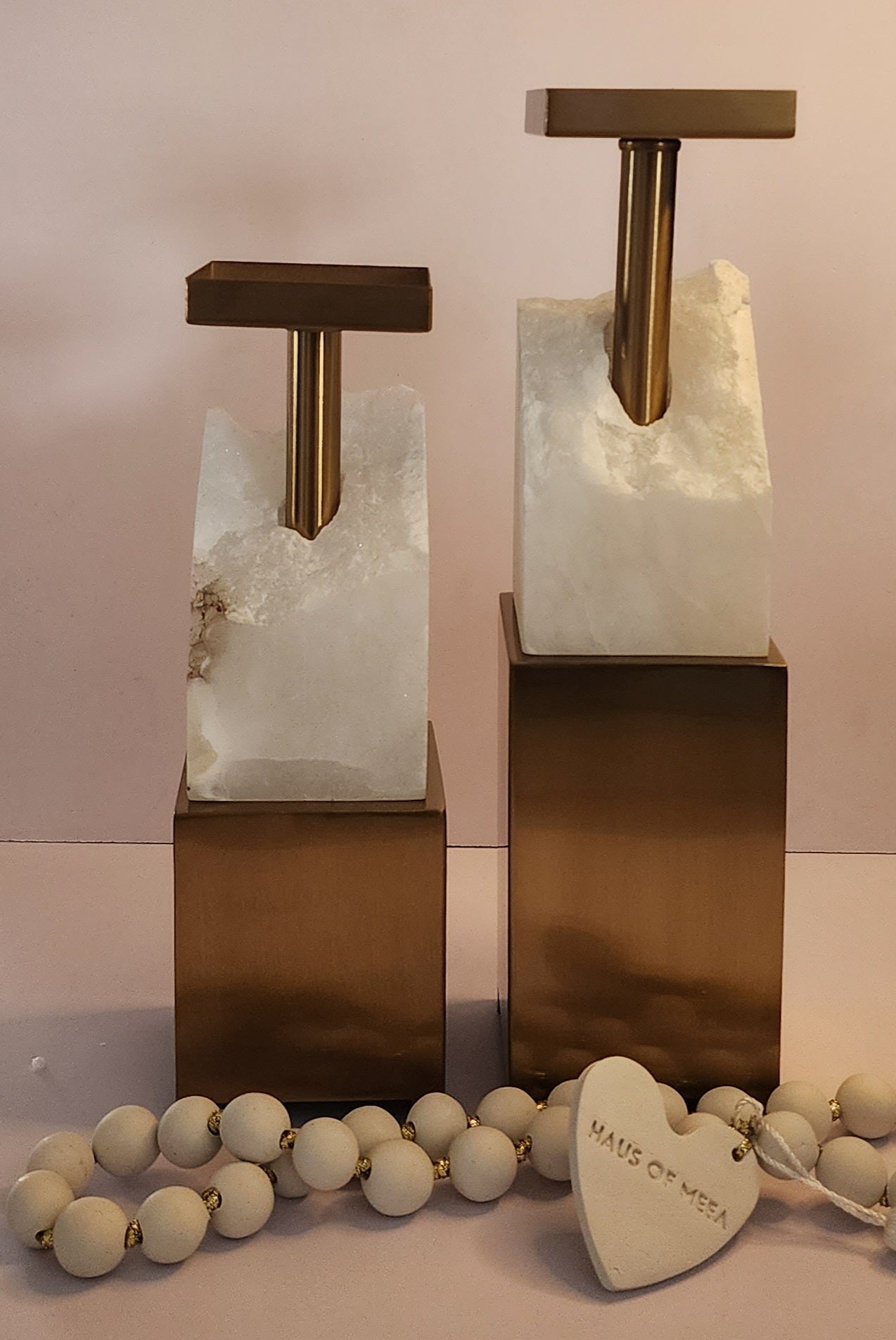 Candle Holder - Marble-White/Gold-Square (31CM)