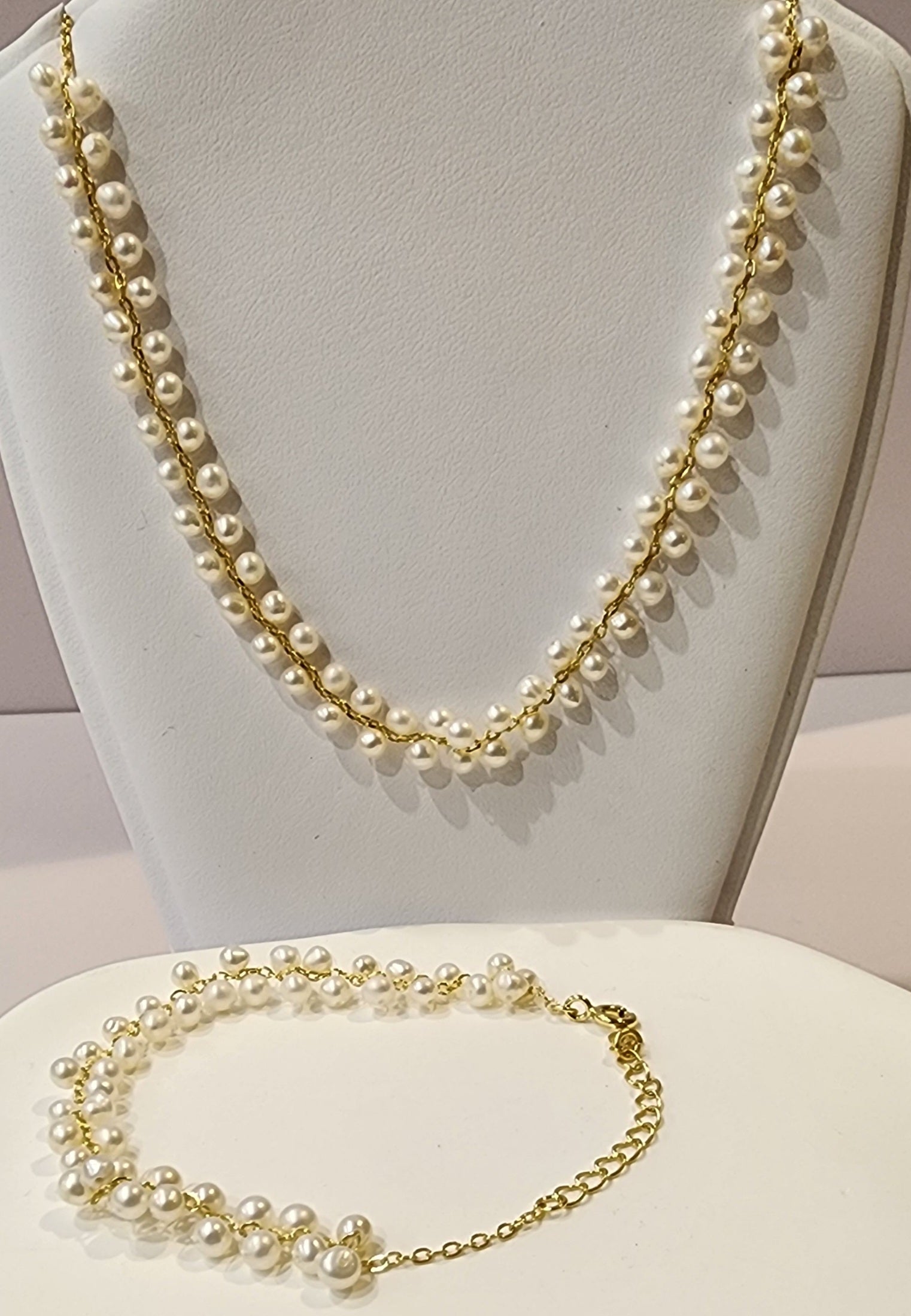 MEEA Double Row Freshwater Pearl Necklace with Matching Bracelet – Gold-Plated Silver