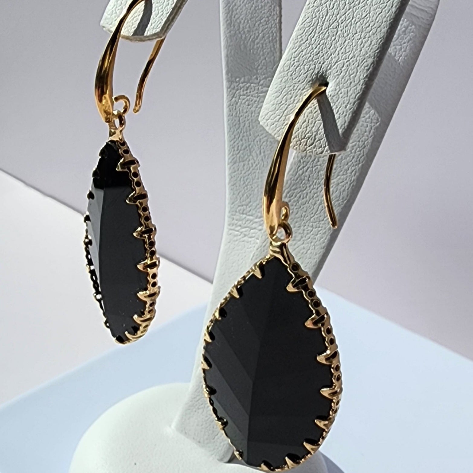 MEEA Black Crystal Leaf Gold Drop Earrings