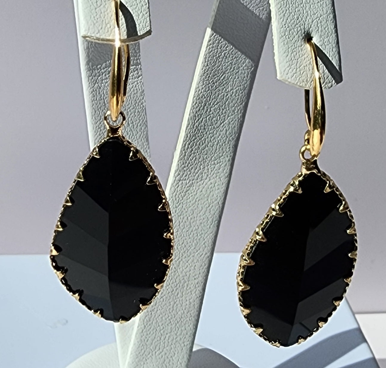 MEEA Black Crystal Leaf Gold Drop Earrings