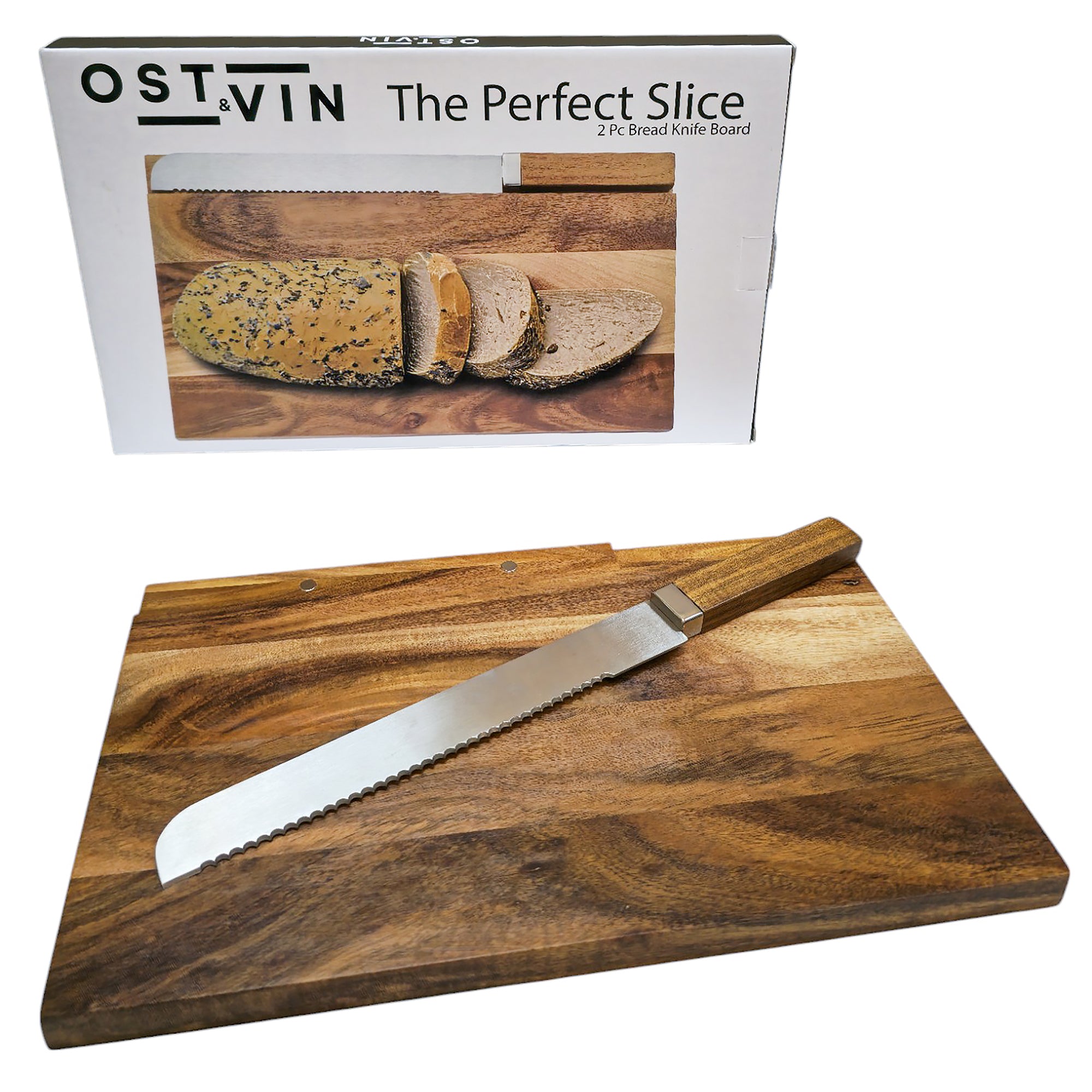 2 piece Bread Knife and Wooden Cutting Board Set