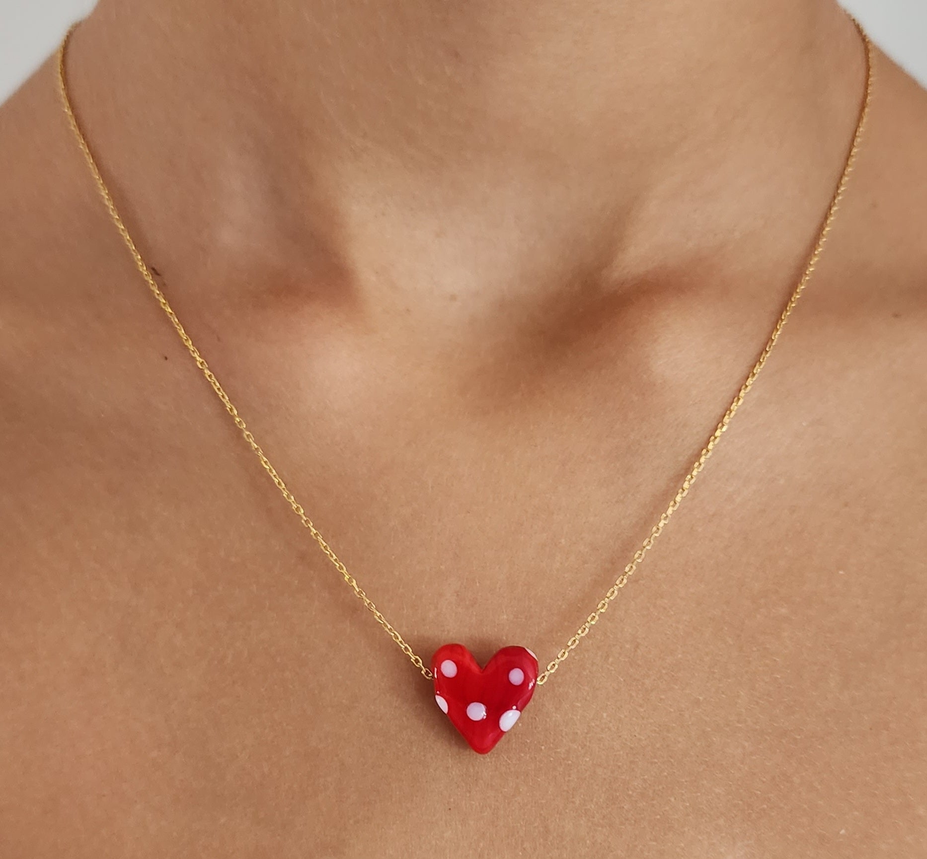 Necklace - Red & White Spotted Heart on Gold Chain