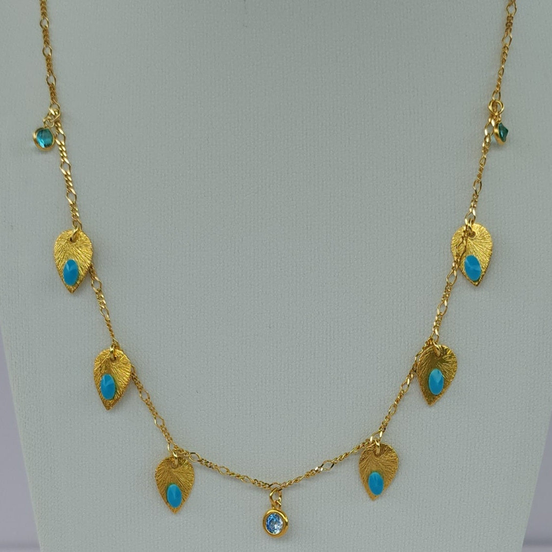Necklace Gold Leaves/Turquoise Zircon by Iosifina Stars