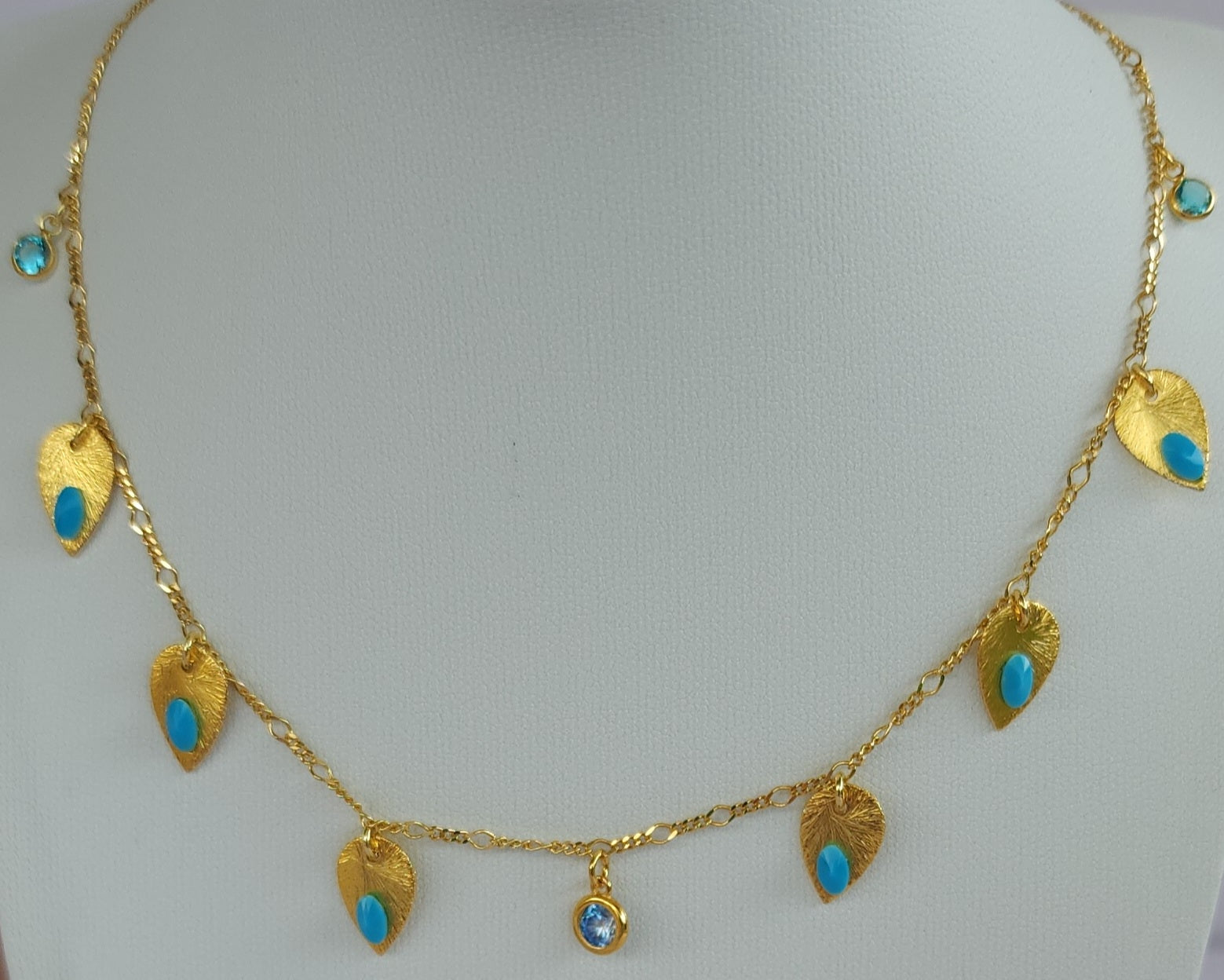 Necklace Gold Leaves/Turquoise Zircon by Iosifina Stars