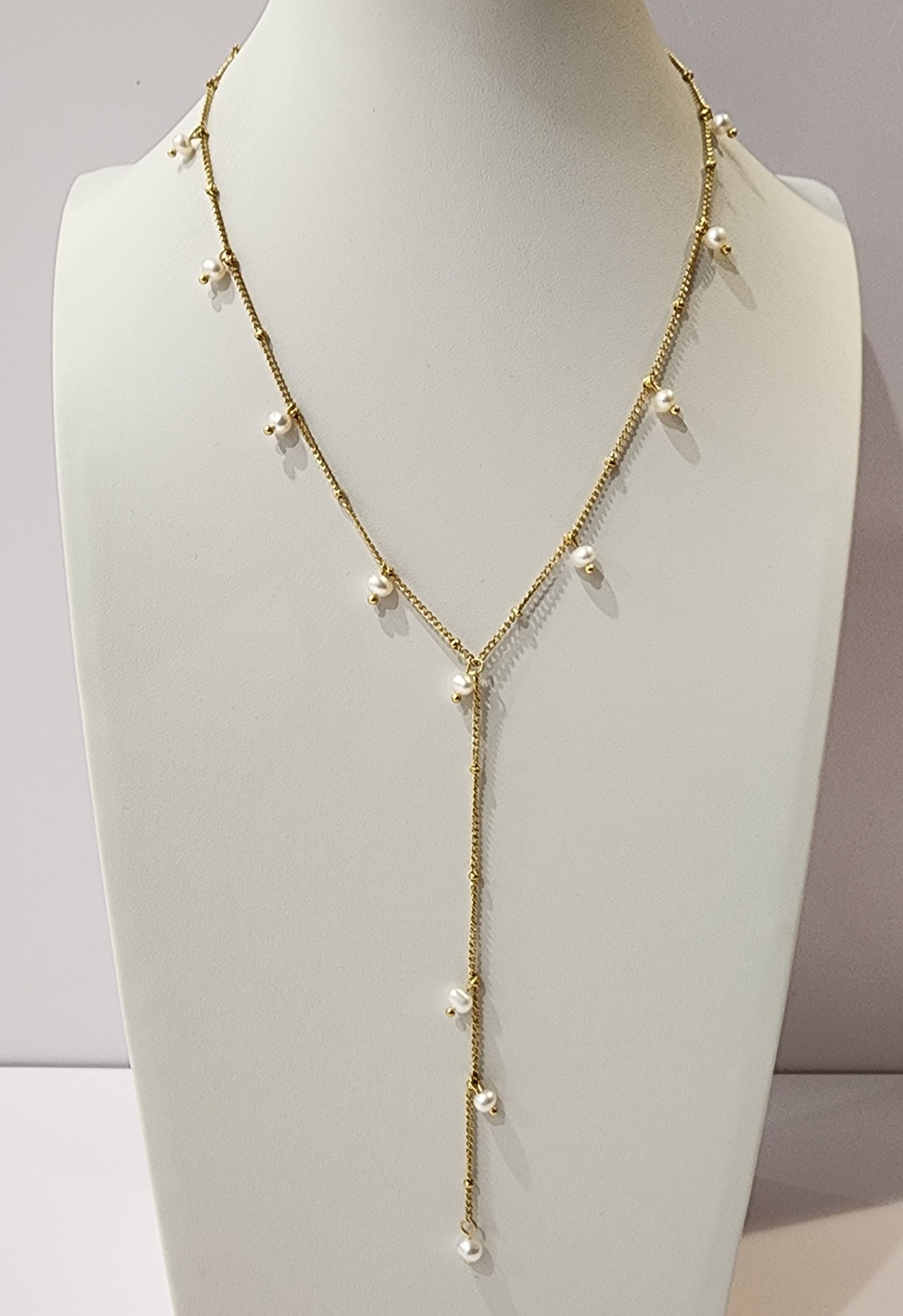 MEEA Natural Freshwater Pearl Necklace with Long Drop Stainless Steel Gold Chain