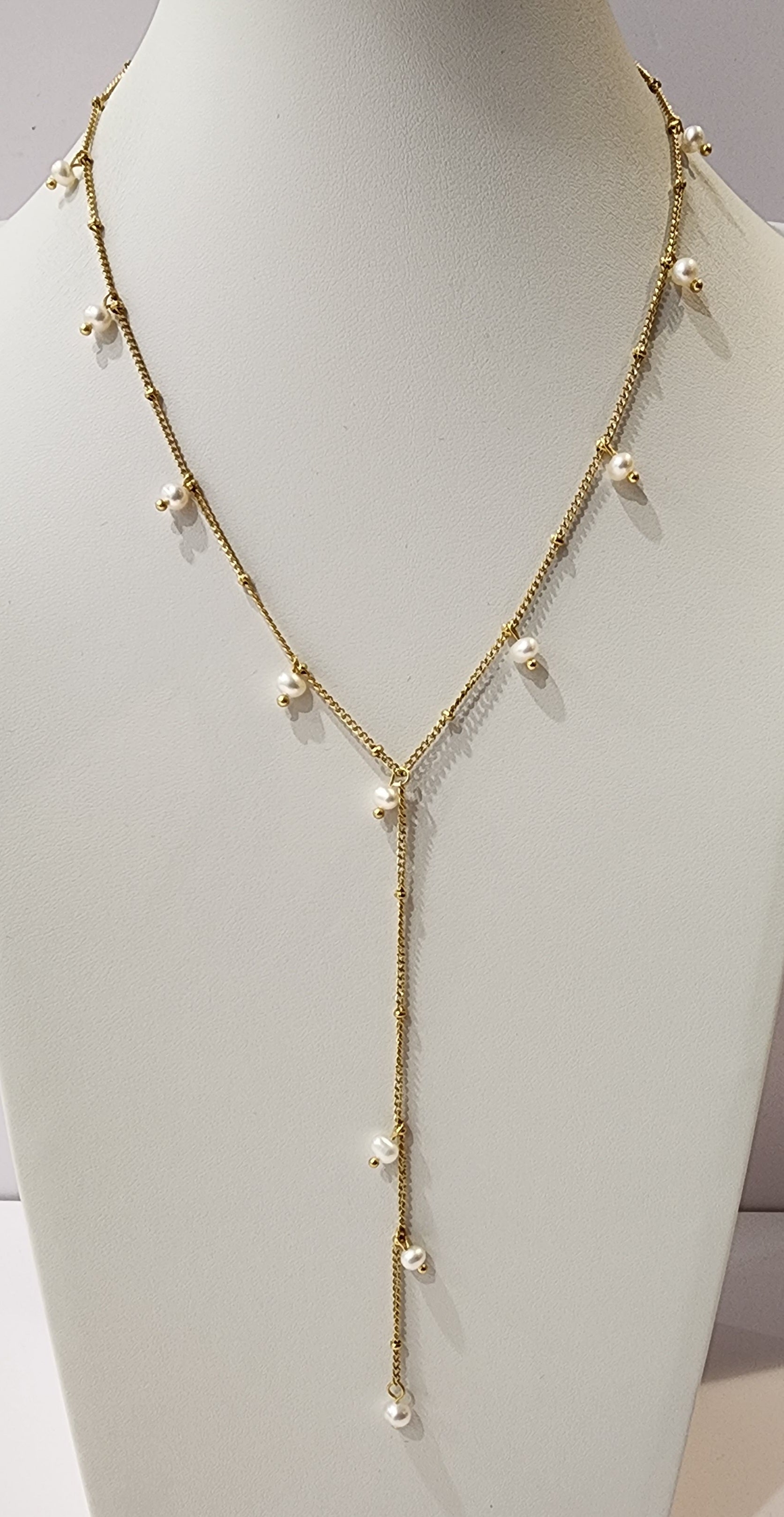 MEEA Natural Freshwater Pearl Necklace with Long Drop Stainless Steel Gold Chain