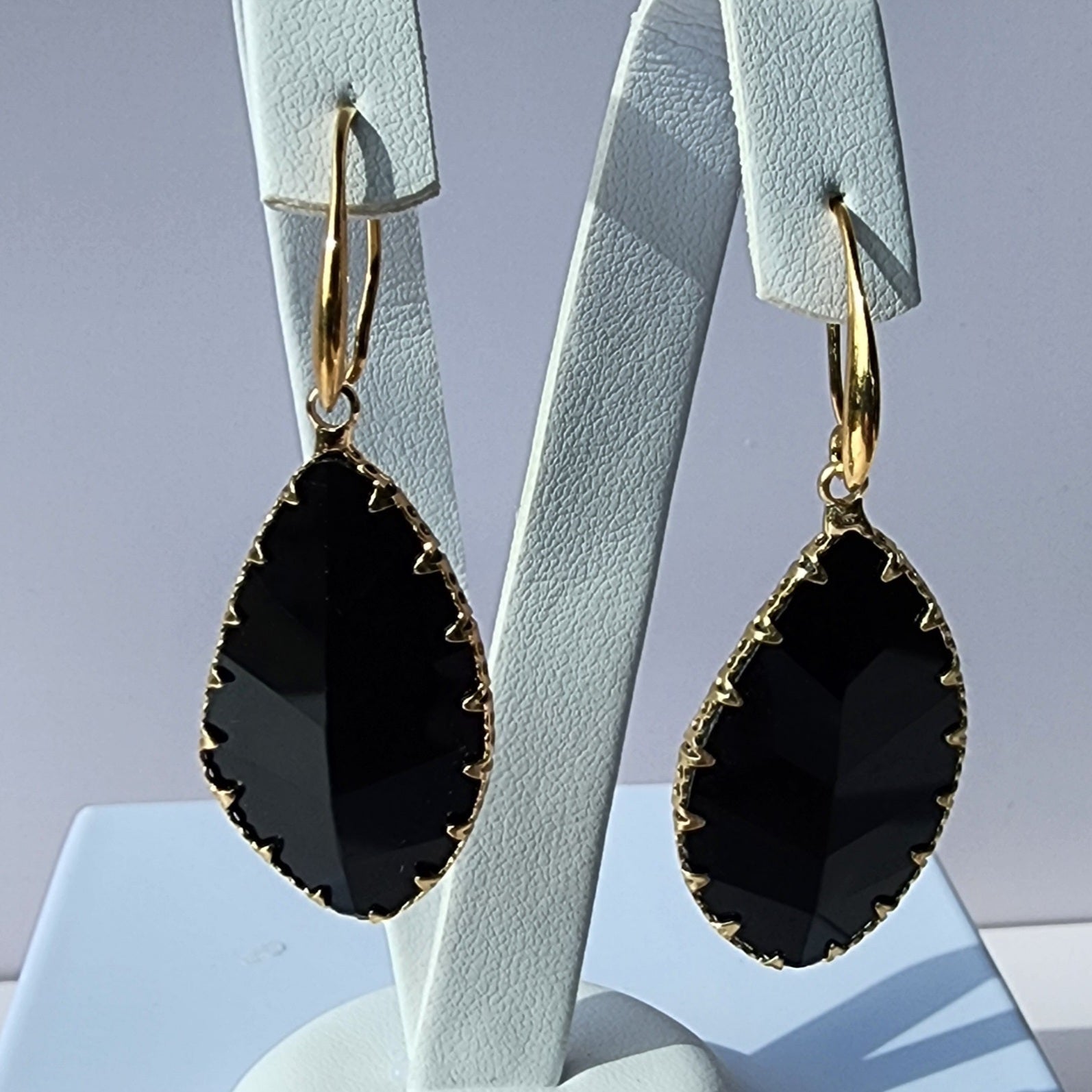 MEEA Black Crystal Leaf Gold Drop Earrings