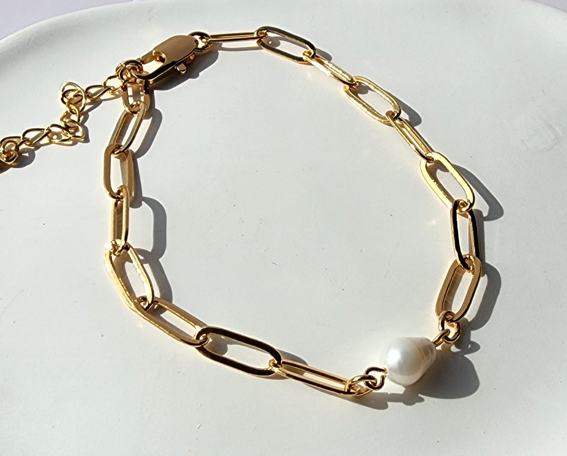 MEEA Gold Chain Link Bracelet with Natural Freshwater Pearl