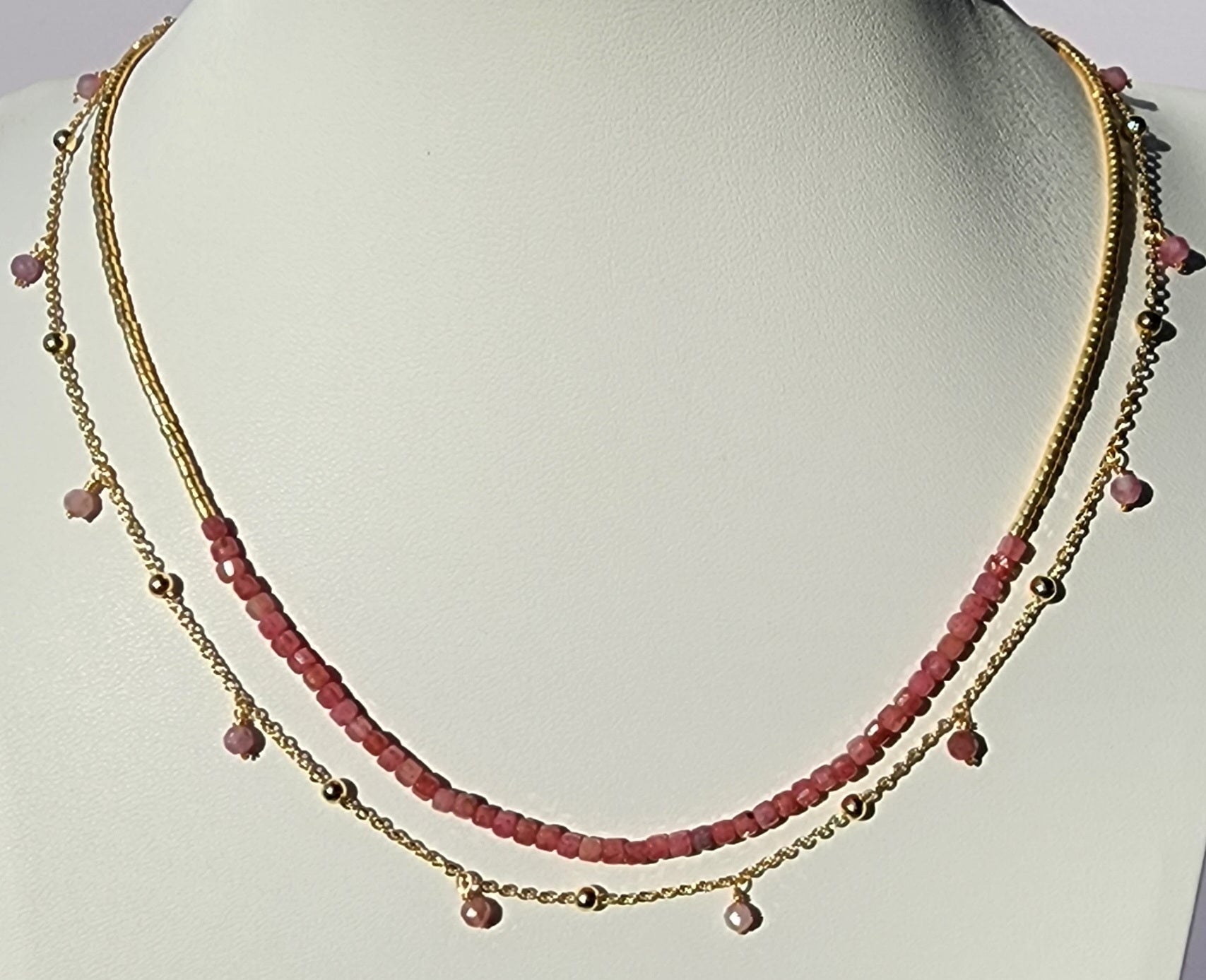 MEEA Double Necklace with Pink Tourmaline Stone – Pink & Gold