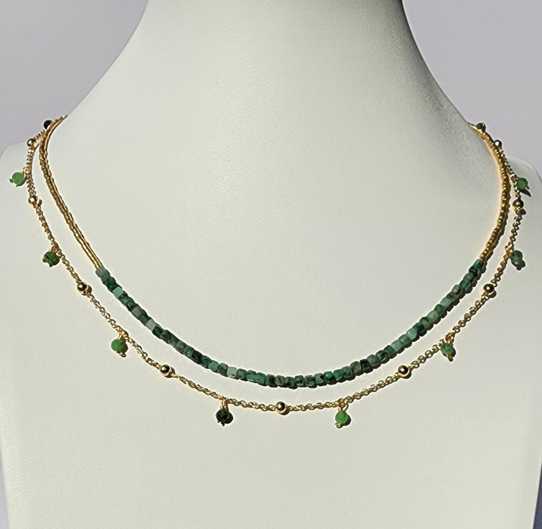 MEEA Double Necklace with Emerald Quartz Stone – Green & Gold