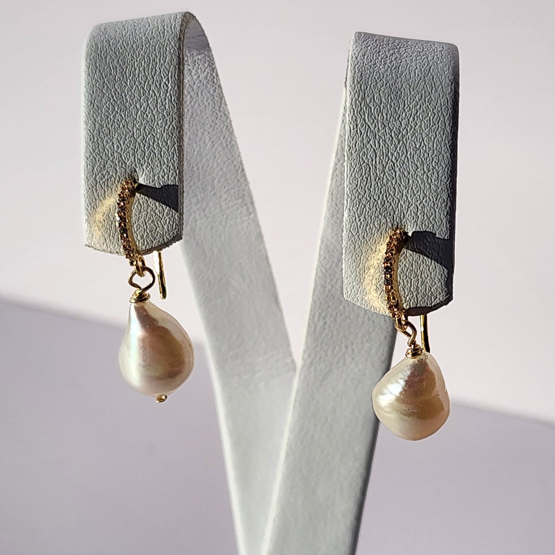 MEEA CZ Hoop Earrings with Natural Freshwater Pearl Drops