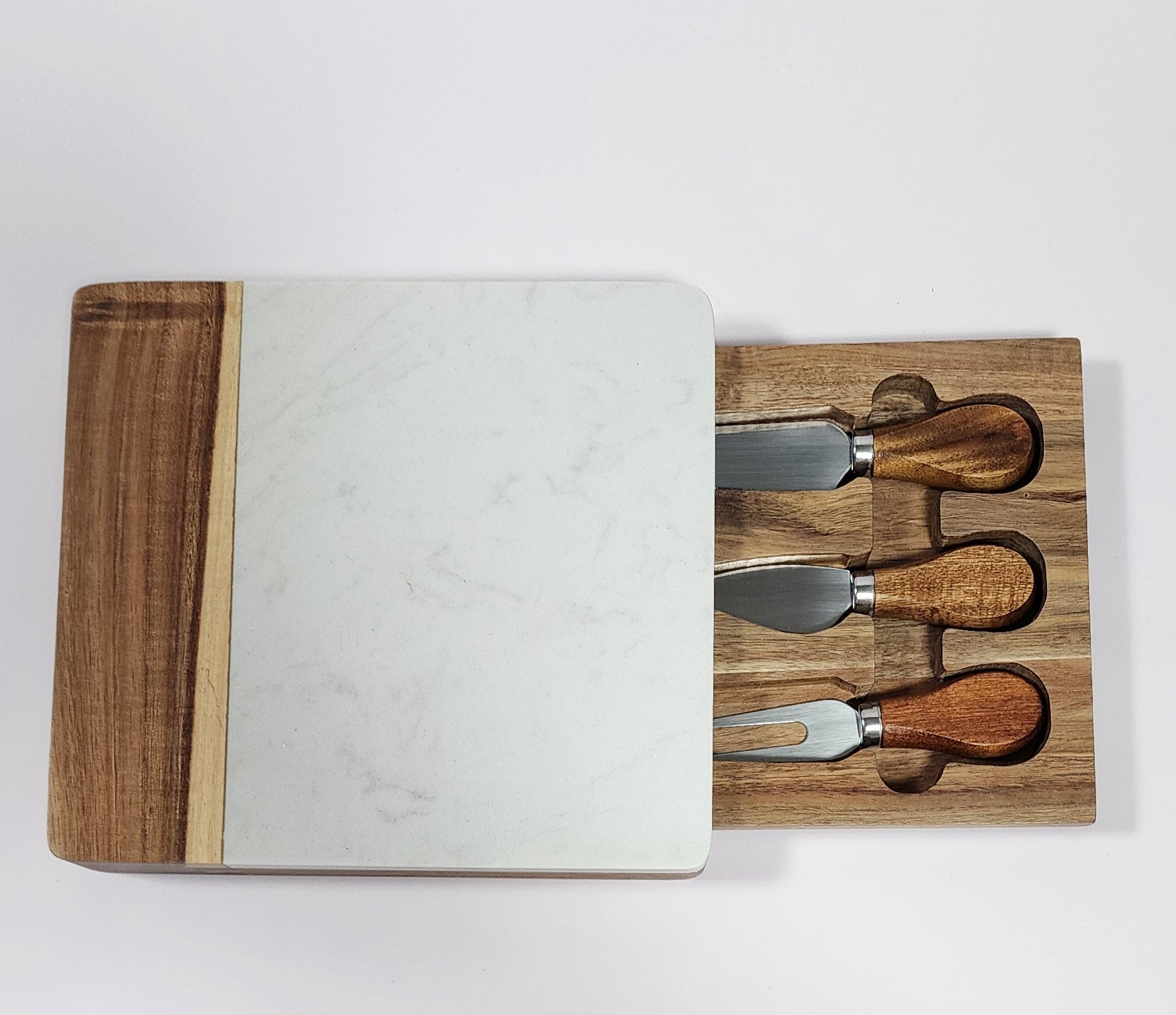 Timber/Marble Cheese Board with Set of 3 Cheese Knives