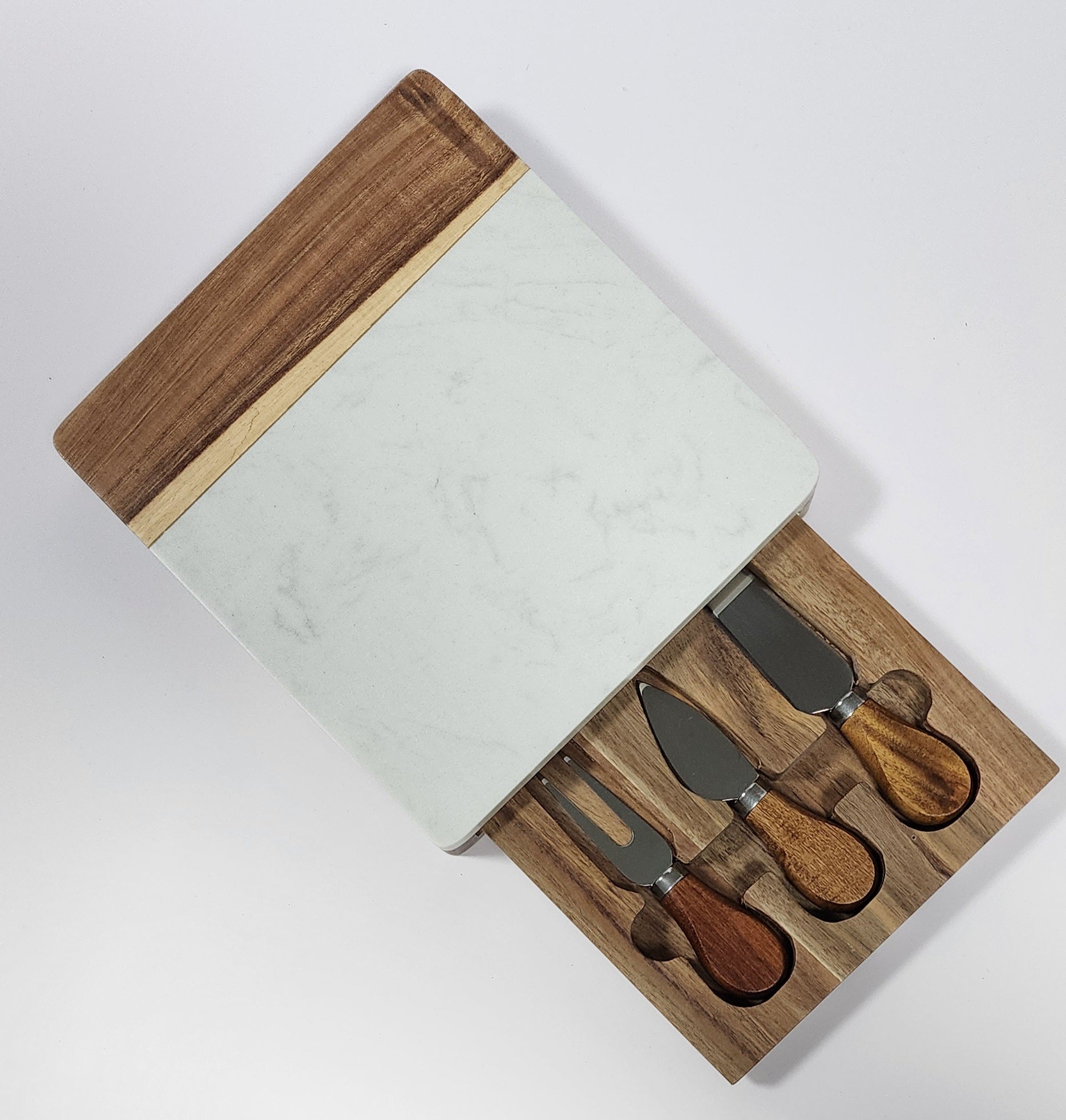 Timber/Marble Cheese Board with Set of 3 Cheese Knives