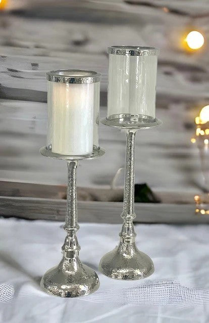 Hammered Pillar Candlestick with Glass / 43cm