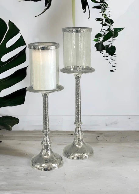 Hammered Pillar Candlestick with Glass / 48cm