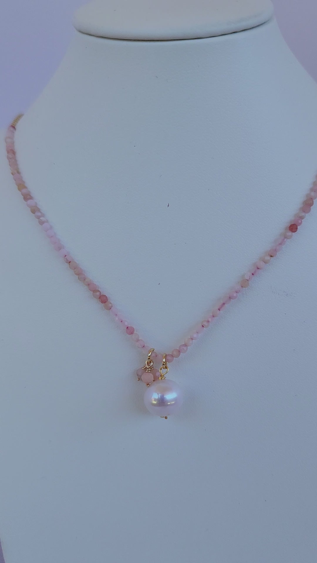 Faceted Pink Agate Stone with Single Pearl Drop - Gold Chain