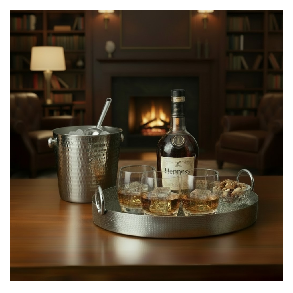 Hammered Round Tray with Rings – Silver