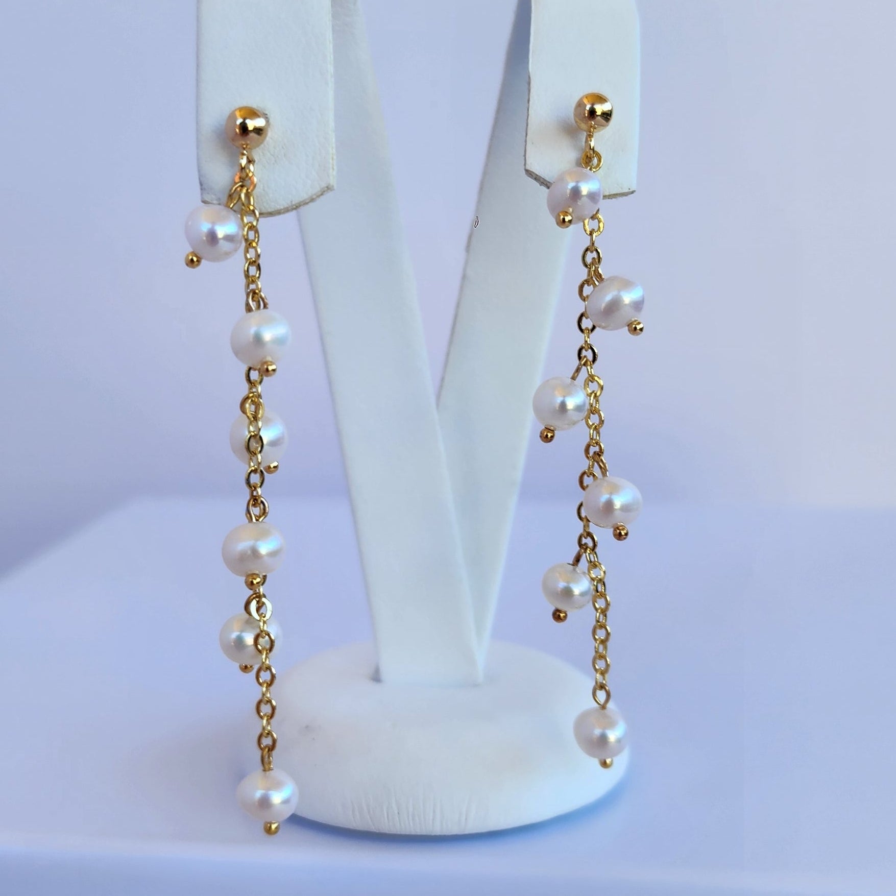 Tiny Pearl Chain Drop Stud Earrings