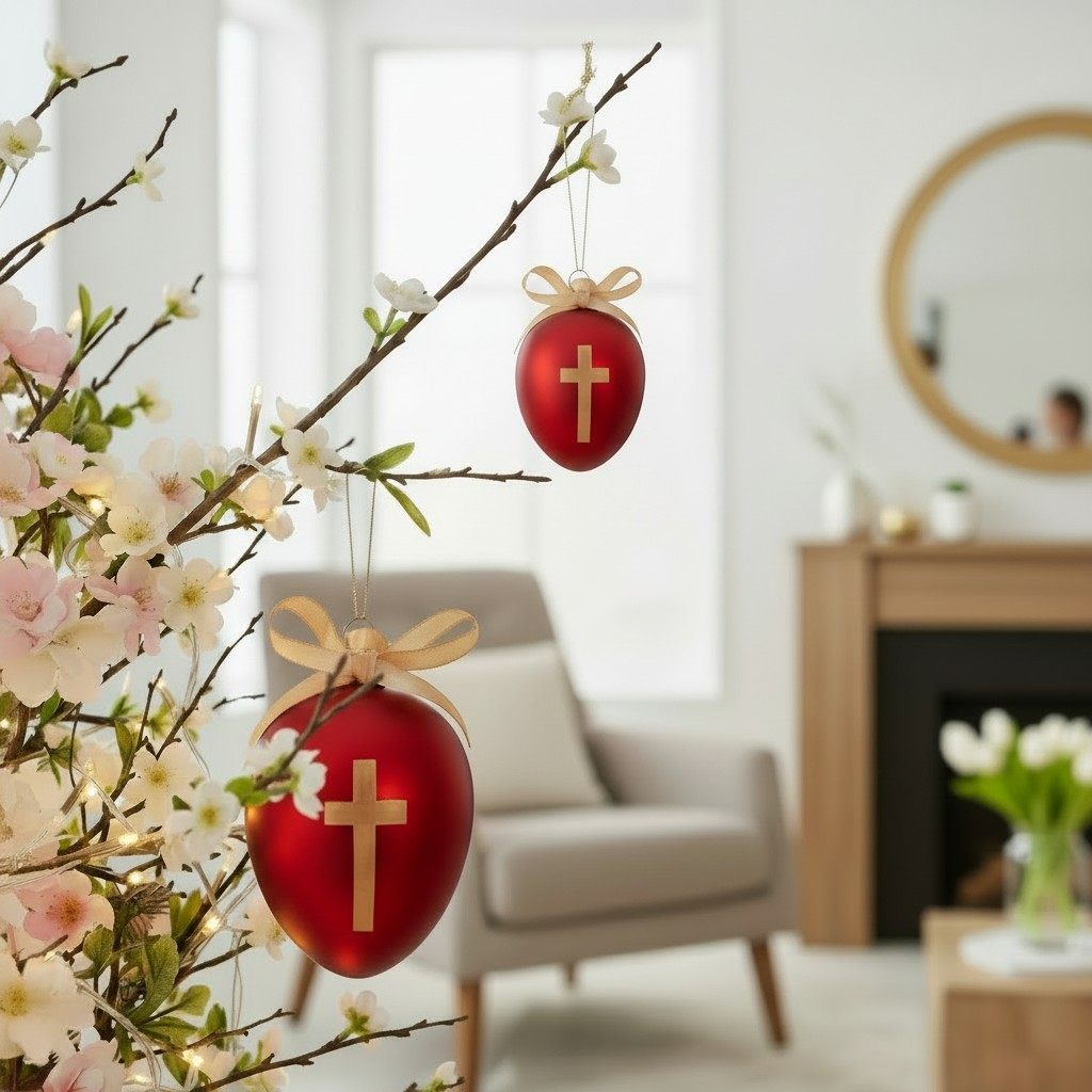 Red Gloss Egg Cross Hanging – 8cm & 10cm