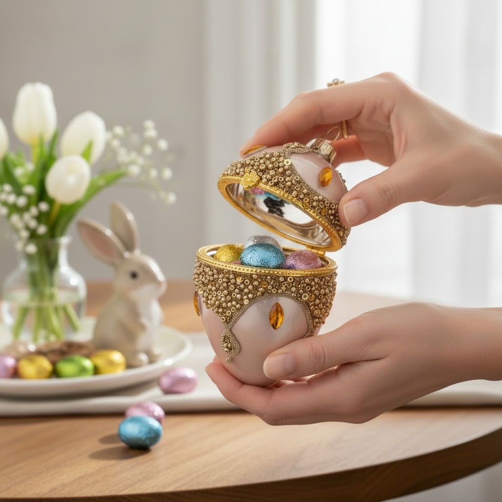 9cm Encrusted Pink Egg Hanging Trinket Box