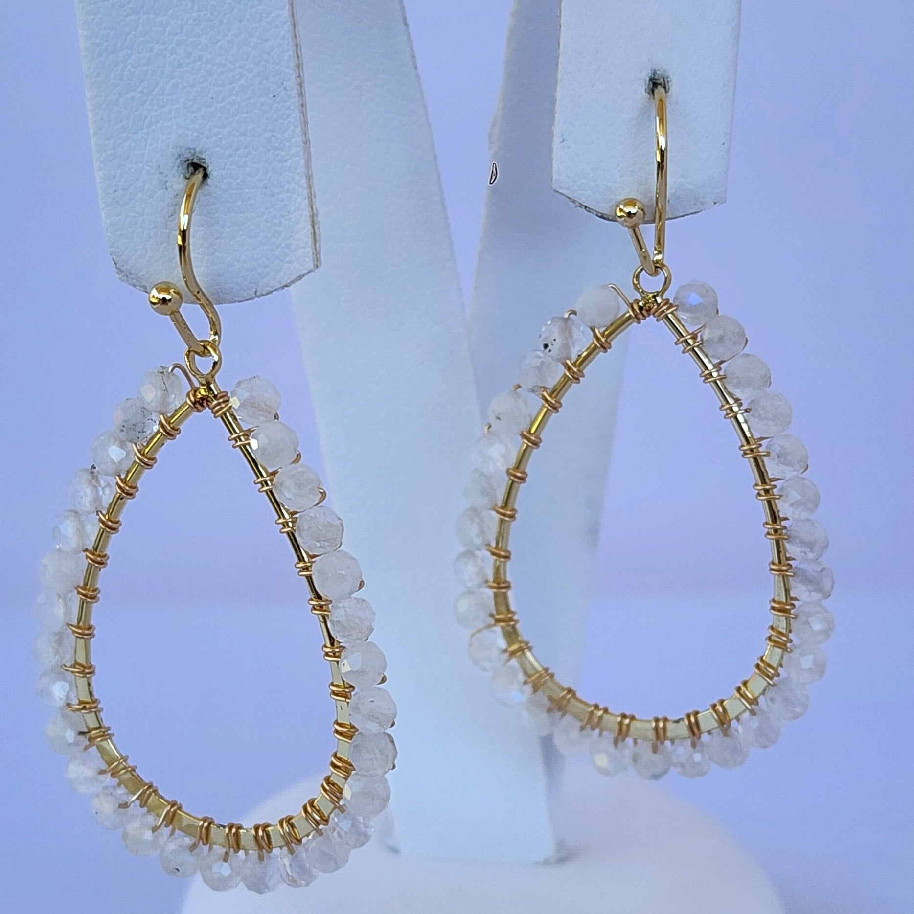 Teardrop White Moonstone Earrings – Gold/White