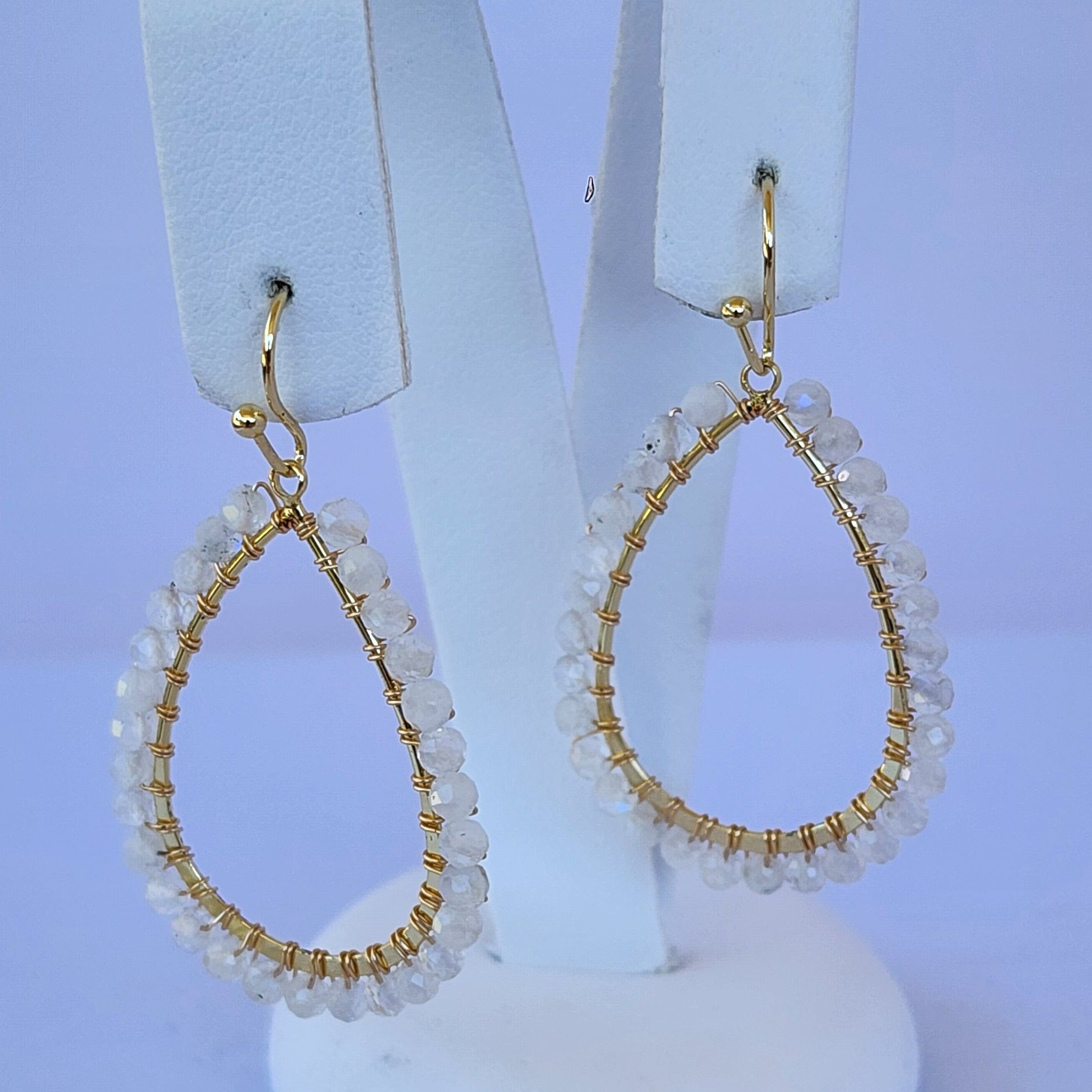 Teardrop White Moonstone Earrings – Gold/White